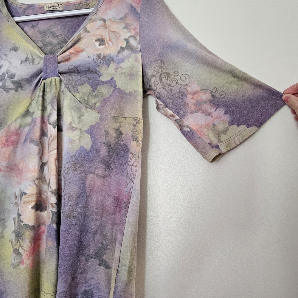ONE WORLD Purple Pink 3/4 Sleeve Bow Front Blouse Etheral Boho Ethereal XL - Picture 3 of 7